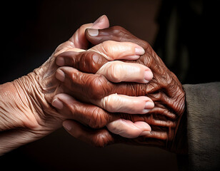 Fototapeta premium The hand of a black man holding the hand of a white man, friendship, not racism