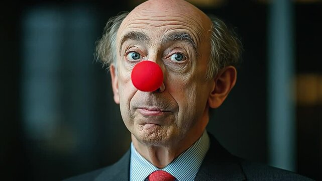photo of a humorous and expressive portraits featuring men with exaggerated facial expressions, each wearing a classic clown nose. 
