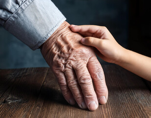 Fototapeta premium A child's hand touching the wrinkled hand of an old man