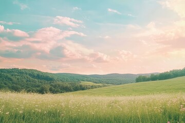 Obraz premium Pastoral Landscape with Green Hills and Wildflowers