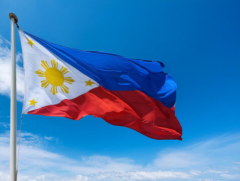 Philippine flag waving in the wind against a blue sky background