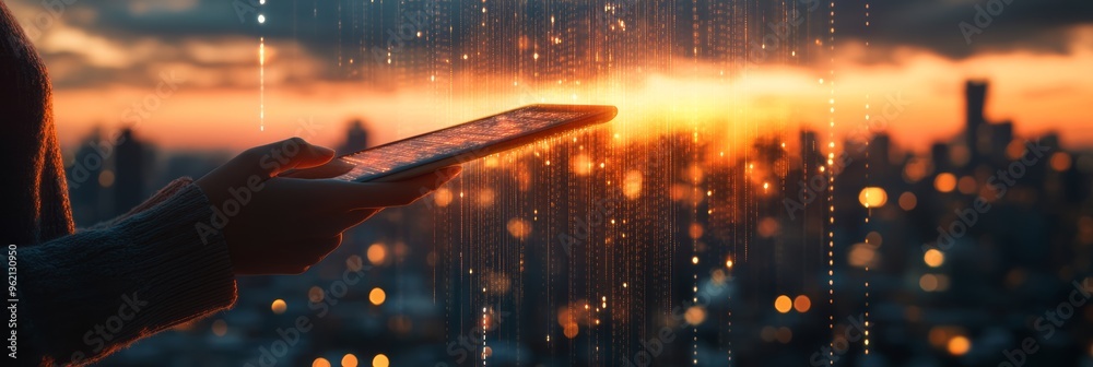 Poster hand holding a digital tablet with glowing data, representing mobile technology and connection.