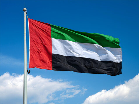 United Arab Emirates flag waving in the wind against a blue sky background