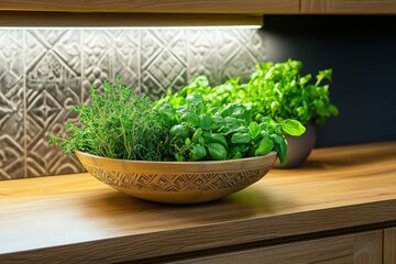 Fresh Herbs in Wooden Bowl on Kitchen Counter
