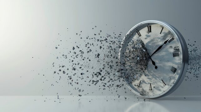 A clock face disintegrates into particles, representing the passage of time.
