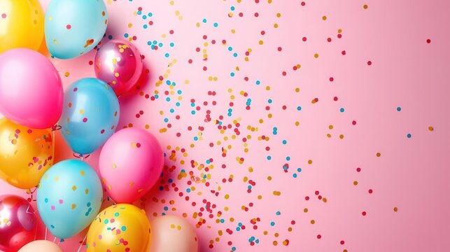 vibrant explosion of multicolored balloons and confetti against pastel backdrop joyful celebration scene with negative space for personalized message perfect for festive occasions