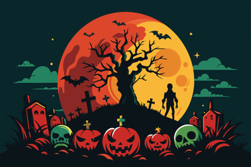 Blood Moon, Pumpkins, Zombies Halloween T-Shirt Vector Design