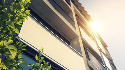 Obraz premium Modern apartment building adorned with exterior roller blinds, providing both sunlight protection and enhanced security for residents. 