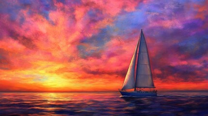 Fototapeta premium A tranquil sunset scene featuring a sailboat on shimmering waters, with vibrant clouds painted in hues of orange and purple.