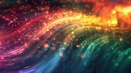 Fototapeta premium vibrant fiber optic cables intertwining in a cosmic dance emitting ethereal light in rainbow hues