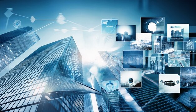 Collage of various blurry abstract images featuring business technology themes, ideal for presentation slides or backgrounds with ample copy space for headlines and corporate content