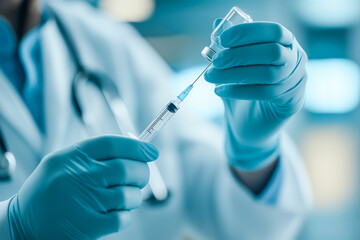 A doctor in blue gloves prepares a syringe for an injection, focused on the task at hand.