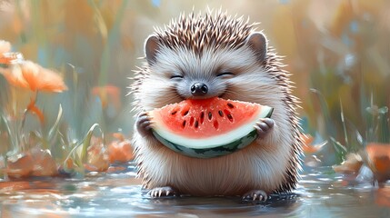 A cute hedgehog sits in a puddle of water, happily eating a slice of watermelon.