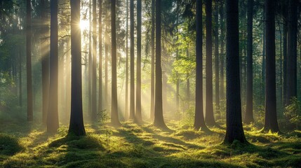 Fototapeta premium A serene forest scene with sunlight filtering through tall trees, creating a magical and peaceful atmosphere in nature.