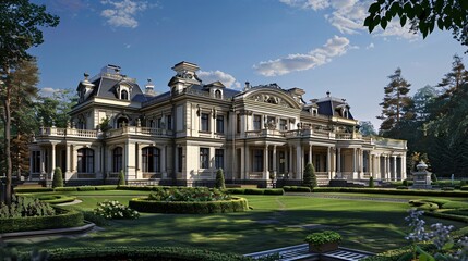 Obraz premium Timeless architecture featuring a stately mansion with ornate details