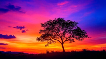 Obraz premium A stunning silhouette of a tree against a vibrant sunset sky filled with shades of orange, pink, and purple, capturing nature's beauty.