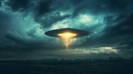 Obraz premium UFO hovers ominously over a dark field with beams of light shining down from the alien spaceship in night storm