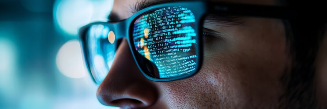 City skyline at night with digital code projected on large windows. Abstract programming concept in urban landscape.