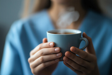 Close-up of woman's hands holding a steaming cup of coffee or tea.  Soft focus on her face.  Warm and comforting.