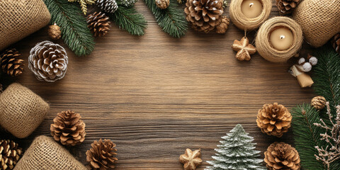 Christmas decorations on wooden background. Banner. Christmas and New Year! Flat lay, top view. Copy space. Mock up
