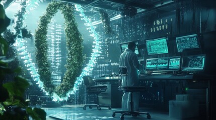 A futuristic view of biotechnology, with DNA editing and synthetic biology tools.