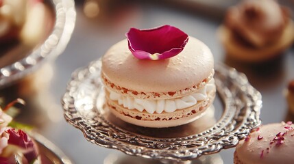 A close up of a delicate macaron topped with edible rose petals, placed on a silver tray with other confections