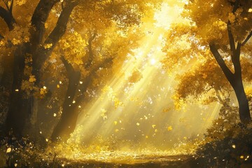 Golden Sunlight Filtering Through Autumn Forest Trees