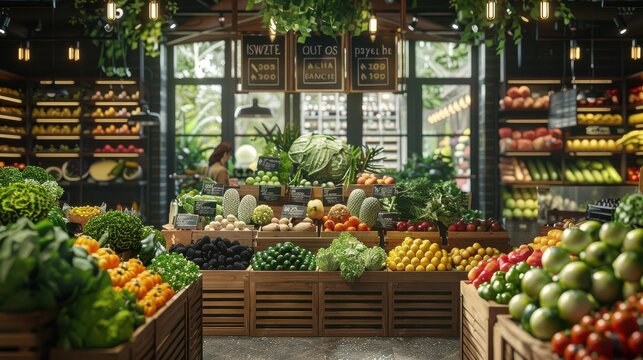 Realistic organic farm market with vendors selling fresh, sustainable produce high-definition clarity