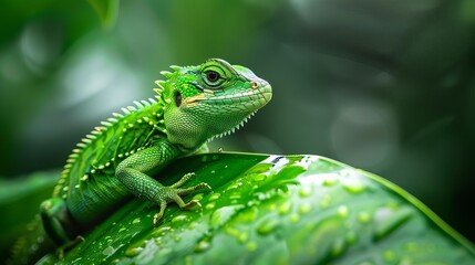 Fototapeta premium vibrant green crested lizard on lush tropical leaf closeup nature photography