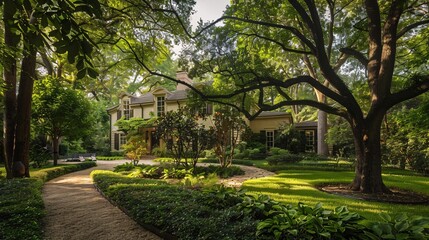 Fototapeta premium Stunning classic home surrounded by mature trees and greenery