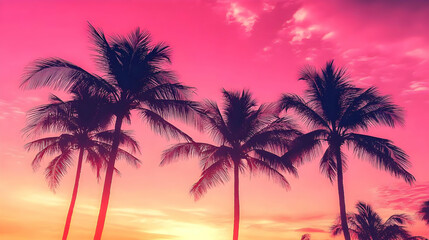 Obraz premium Palm Trees Silhouettes Against a Vibrant Pink Sunset Sky, Tropical Paradise Sunset Background, Exotic Nature Scene, Summer Vacation Vibes