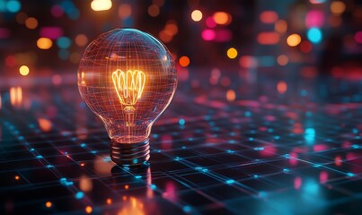 A glowing lightbulb on a grid with colorful lights in the background