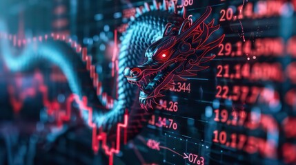 A close-up of a glowing, metallic dragon figurine in front of a blurred stock ticker screen.