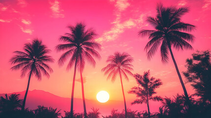 Obraz premium Silhouettes of Palm Trees Against a Vibrant Pink Sunset Sky, Creating a Tropical Paradise Aesthetic