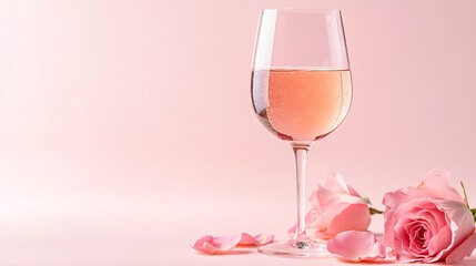 A glass of sparkling rose wine with a few edible rose petals floating on the surface, set against a pastel background