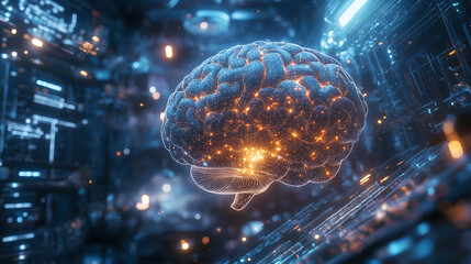 Neon Brain Illuminated with Innovative Future Technology and Technical Design