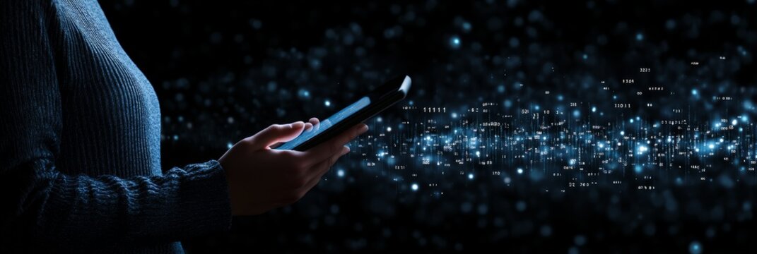 A person holding a tablet with blue digital code surrounded by glowing lights. Represents mobile technology and software development.