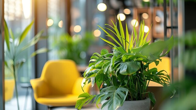 vibrant green plant in modern workplace office biophilic design for employee wellbeing and productivity
