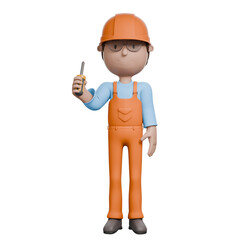 A 3D-rendered electrician in orange overalls holding a screwdriver, ready for work, with a calm expression, showcasing focus on task.