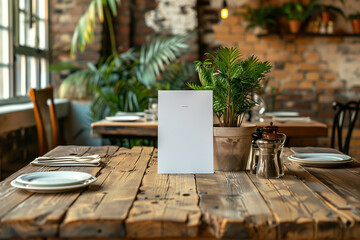 blank menu sheet in the center of background rustic wooden restaurant table, with a potted plant, plate and cutlery on the side