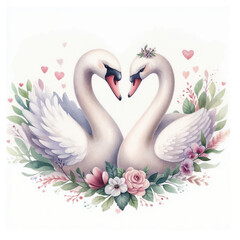 Fototapeta premium Cute swans with heart on white background.AI