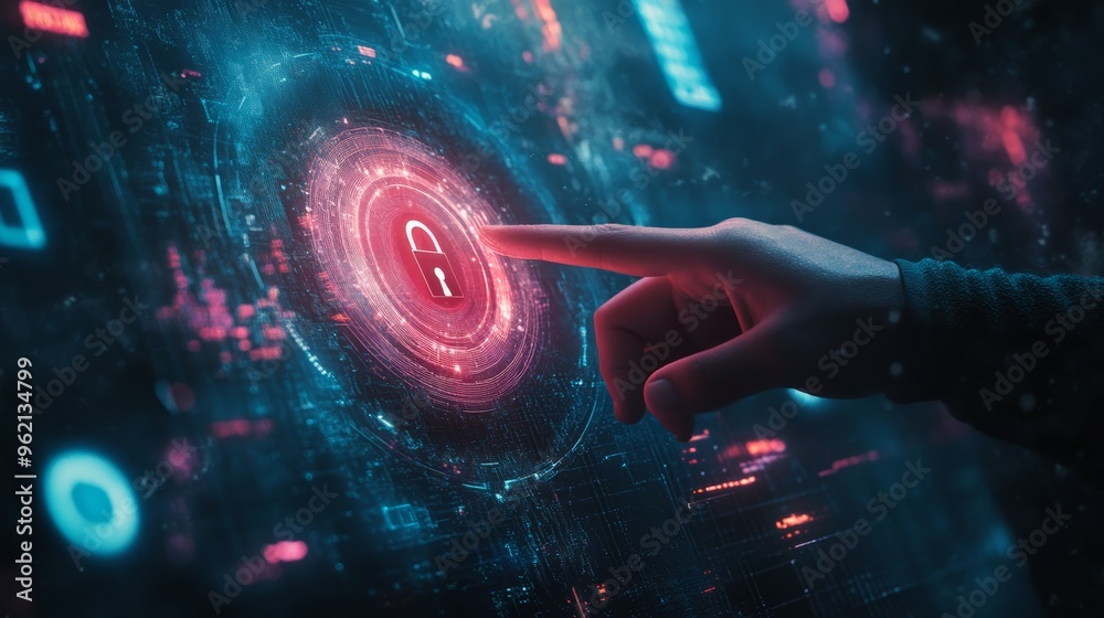Aufkleber hand reaching towards a glowing padlock symbol in a digital interface. cybersecurity and data protec