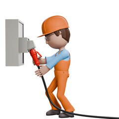 A 3D-rendered electrician plugging a power cable into an electrical socket, showing attention to detail and ensuring proper connections for safe operation..