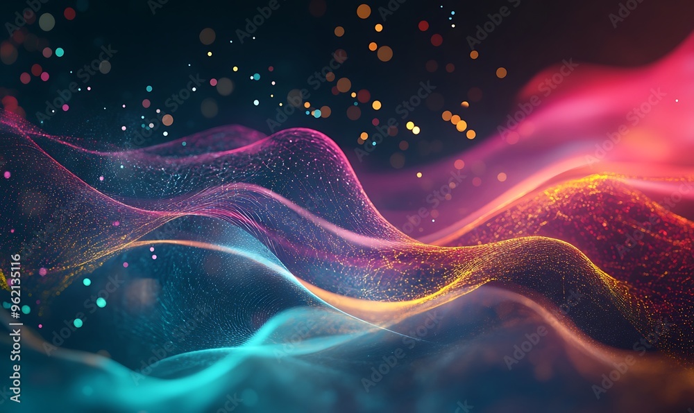 Poster abstract wavy lines with glowing particles and bokeh effect