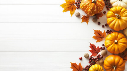 Autumn Pumpkins and Leaves on White Wooden Background.