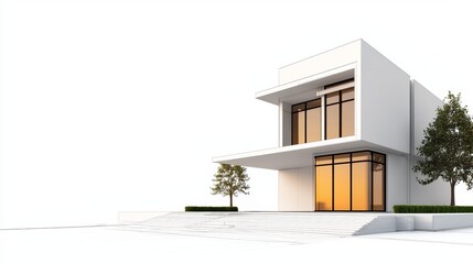 Modern villa blending with architectural sketches, sunset backdrop, 3D illustration