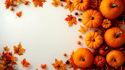 Autumn Leaves and Pumpkins in a Festive Arrangement on a White Background - Perfect for Fall Greetings and Decorations