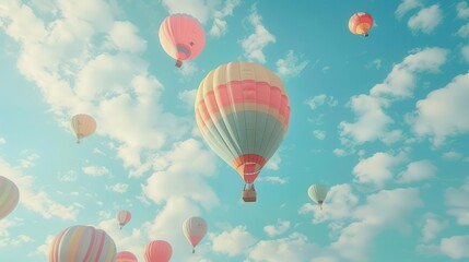 Naklejka premium vibrant hot air balloons floating in cloudy blue sky colorful festival spectacle aerial photography