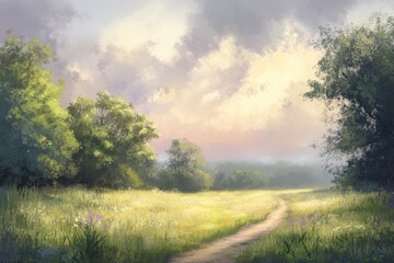 Obraz premium A Winding Path Through a Sunlit Meadow with Trees and Cloudy Sky