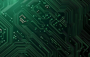Glowing green circuit board with intricate pathways top view symbolizing the inner workings of technology advanced tone monochromatic color scheme